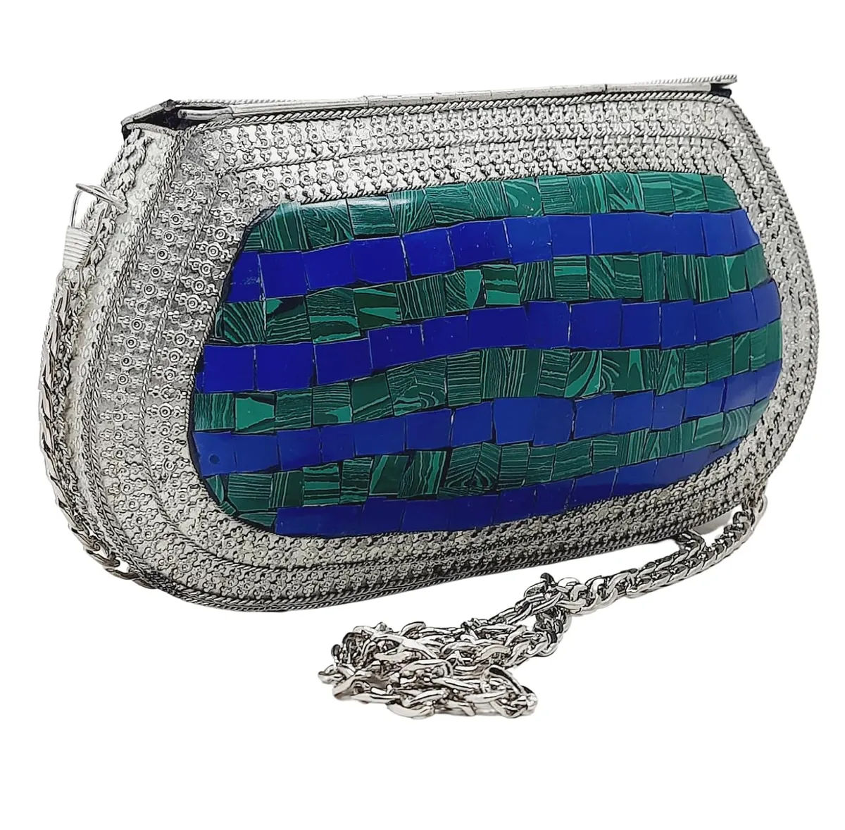 Silver Green Metal Ethnic Handbag for Women